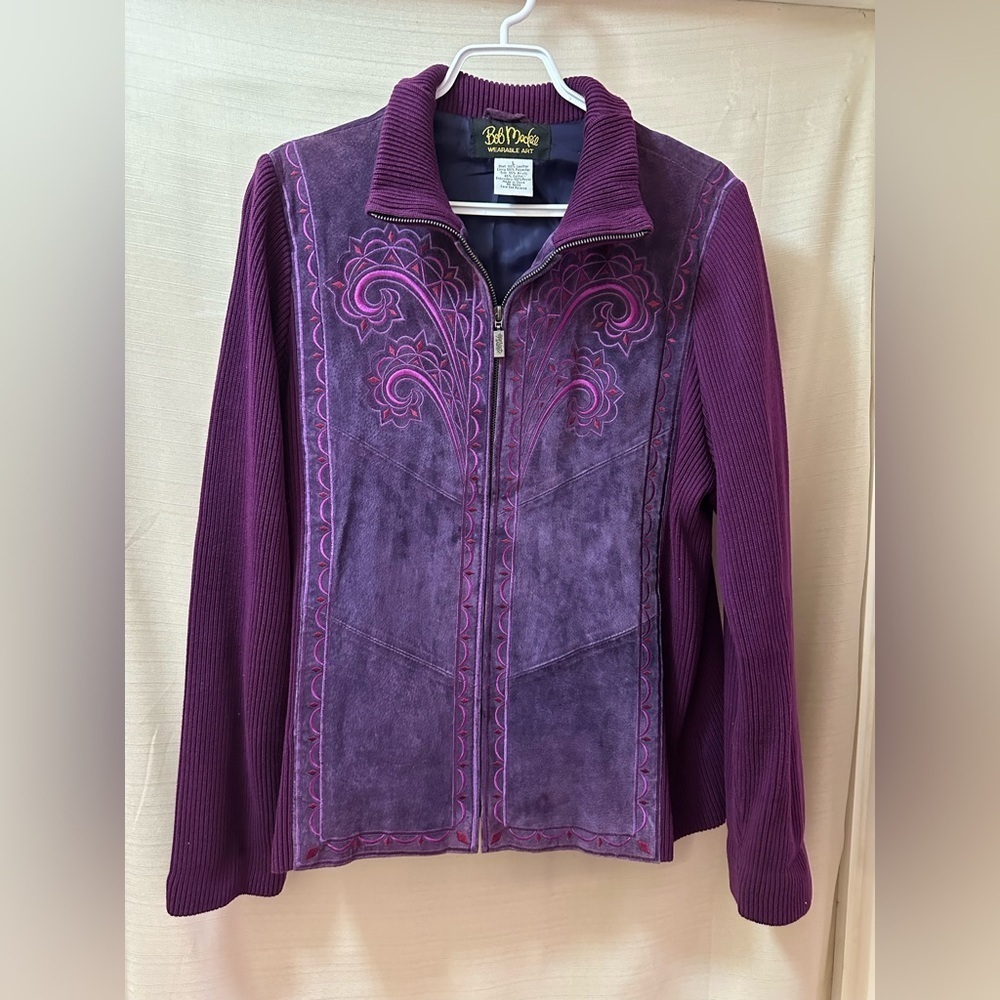 Vintage Bob Mackie Wearable Art Embroidered Leather Zip Jacket Women’s Large